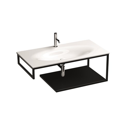 Wall-hung matt black stainless steel vanity unit with black gres with shelf for 102 cm
