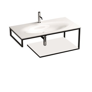 Wall-hung matt black stainless steel vanity unit with white gres with shelf for 102 cm