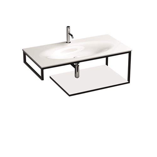 Wall-hung matt black stainless steel vanity unit with white gres with shelf for 102 cm