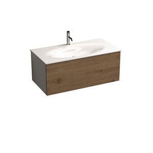 White wall-hung vanity unit with oak frontal panel and space-saving bottle trap for 102 cm 