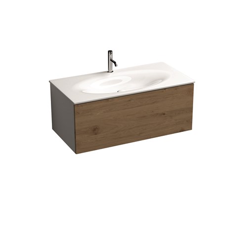 White wall-hung vanity unit with oak frontal panel and space-saving bottle trap for 102 cm 