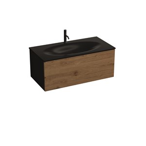 Black wall-hung vanity unit with oak frontal panel and space-saving bottle trap for 102 cm
