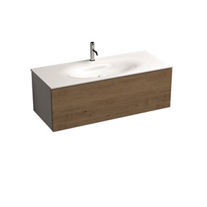 White wall-hung vanity unit with oak frontal panel and space-saving bottle trap for 122 cm 