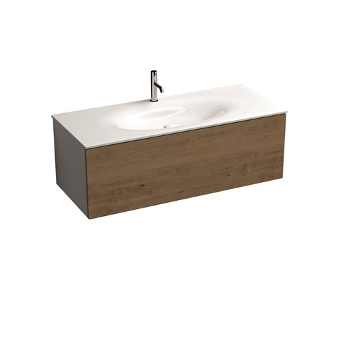 White wall-hung vanity unit with oak frontal panel and space-saving bottle trap for 122 cm 