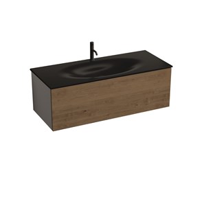 Black wall-hung vanity unit with oak frontal panel and space-saving bottle trap for 122 cm 