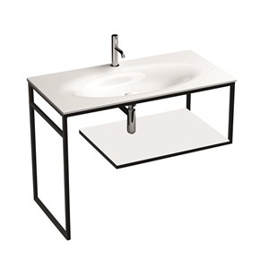 Floor-standing matt black stainless steel vanity unit with white gres with shelf for 102 cm