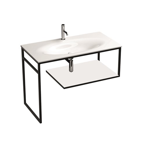 Floor-standing matt black stainless steel vanity unit with white gres with shelf for 102 cm