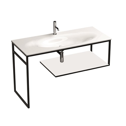 Floor-standing matt black stainless steel vanity unit with white gres with shelf for 122 cm