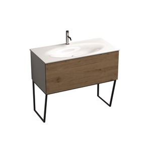 White floor-standing vanity unit with oak frontal panel and space-saving bottle trap for 102 cm