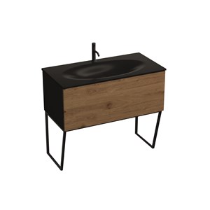 Black floor-standing vanity unit with oak frontal panel and space-saving bottle trap for 102 cm 