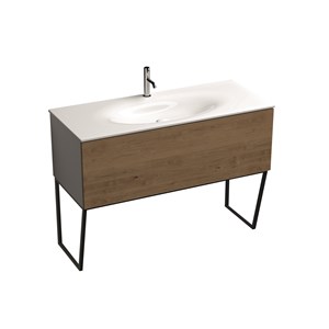 White floor-standing vanity unit with oak frontal panel and space-saving bottle trap for 122 cm 