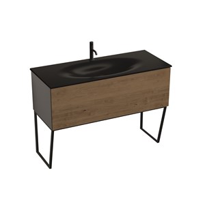 Black floor-standing vanity unit with oak frontal panel and space-saving bottle trap for 122 cm 